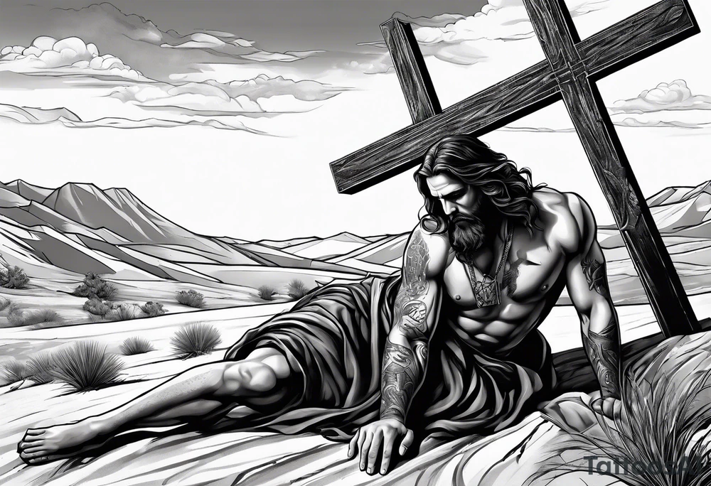 man crawling in a desert reaching to the cross of Christ tattoo idea