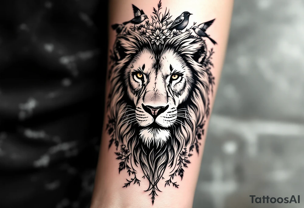 powerful majestic lion with a crown, surrounded by floral ornaments and birds tattoo idea