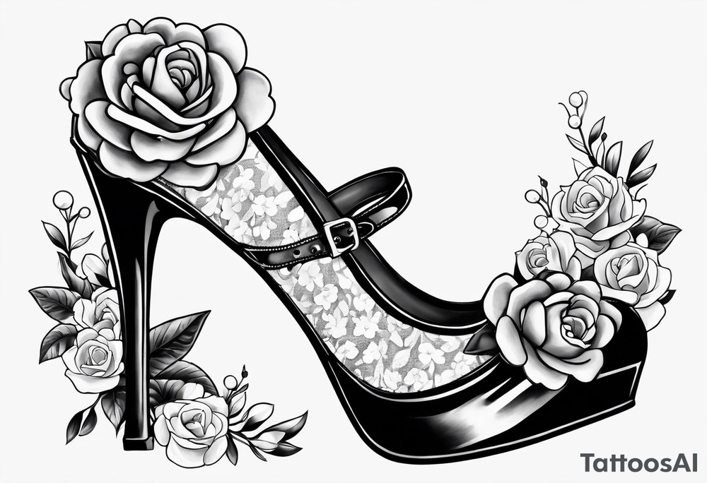 1950s pinup pumps with flowers, pearl necklaces, bows, and lace tattoo idea