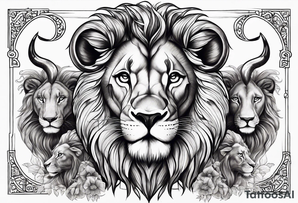Lion with ram horns and 3 cubs tattoo idea