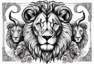 Lion with ram horns and 3 cubs tattoo idea