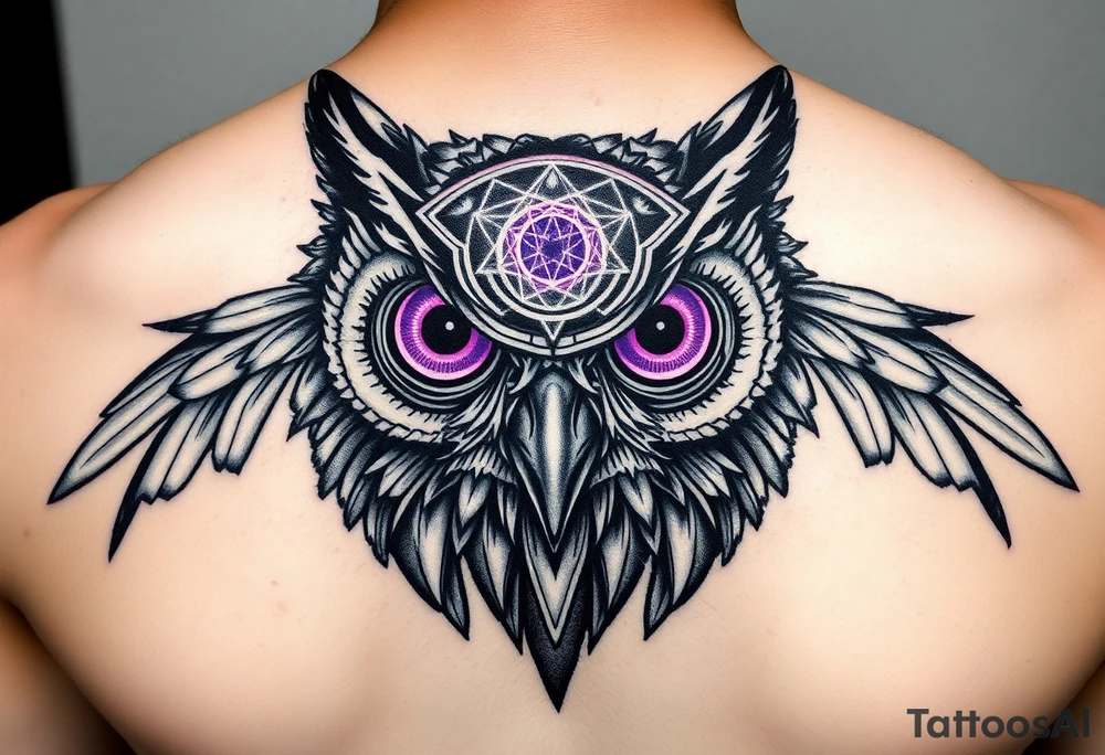 Cyber Owl head with large intense tripping purple eyes without pupils and geometry glowing circle on the forhead tattoo idea