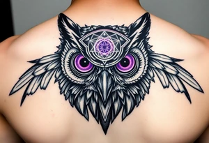 Cyber Owl head with large intense tripping purple eyes without pupils and geometry glowing circle on the forhead tattoo idea