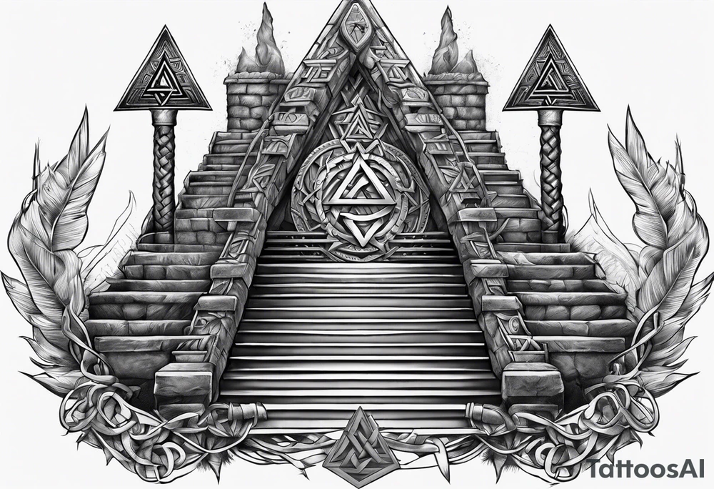 Valhalla sword shield axe stairs Valknut barbed wire chains valknut fire tattoo idea Valhalla sword shield axe stairs Valknut barbed wire chains valknut fire tattoo idea