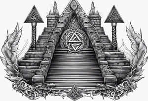 Valhalla sword shield axe stairs Valknut barbed wire chains valknut fire tattoo idea