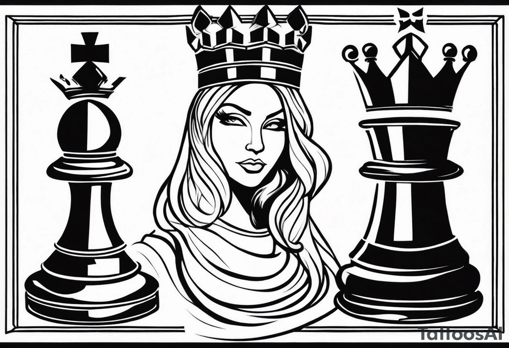 chess queen piece with two pawns on her side spiritual style tattoo idea