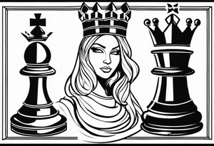 chess queen piece with two pawns on her side spiritual style tattoo idea