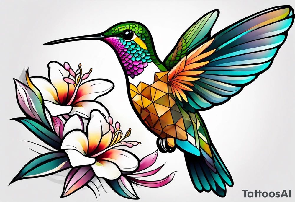 Hummingbird with a plumeria masculine style colorful tattoo idea