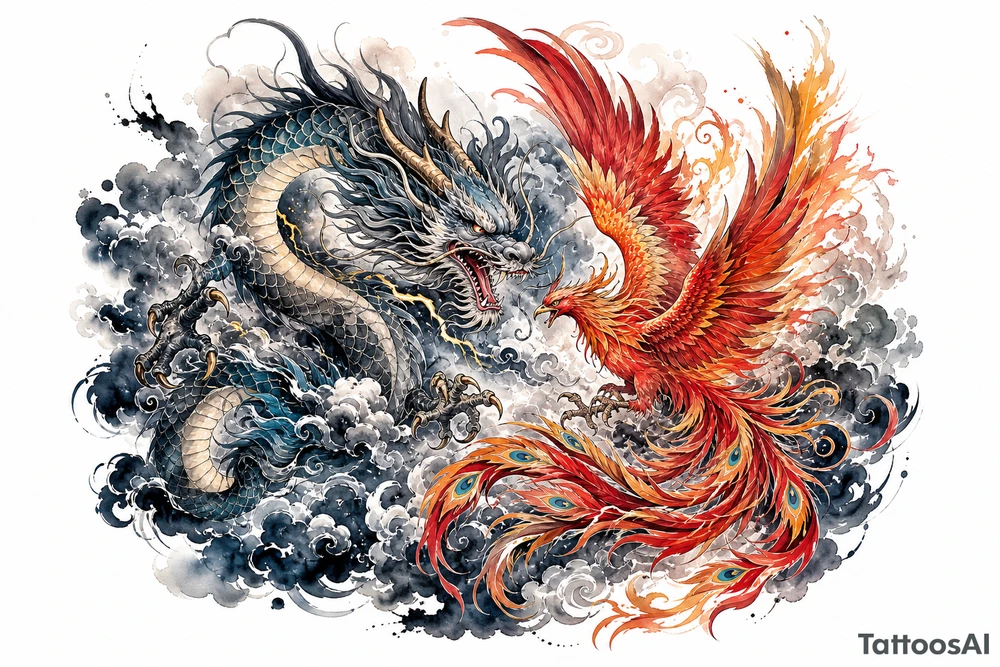 Japanese dragon and phoenix clashing in stormy, dark clouds, traditional ink style. tattoo idea