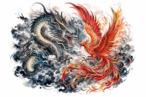Japanese dragon and phoenix clashing in stormy, dark clouds, traditional ink style. tattoo idea