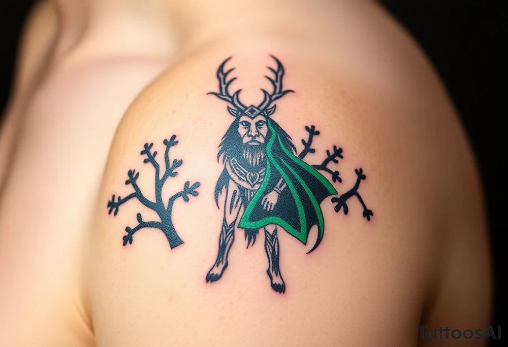 A powerful Cernunnos, the antlered Celtic god of the forest, standing among ancient oak trees, his deep emerald cloak blending into the wild landscape tattoo idea