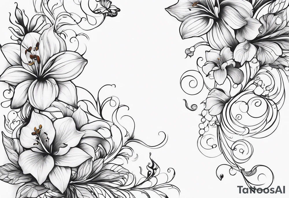 Flower and vine tattoo on upper left back climbing over the shoulder and towards the chest. Flowers should be Lilys, orchids, and dandelions. More empty space tattoo idea