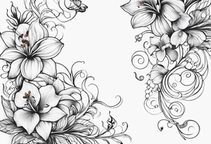 Flower and vine tattoo on upper left back climbing over the shoulder and towards the chest. Flowers should be Lilys, orchids, and dandelions. More empty space tattoo idea