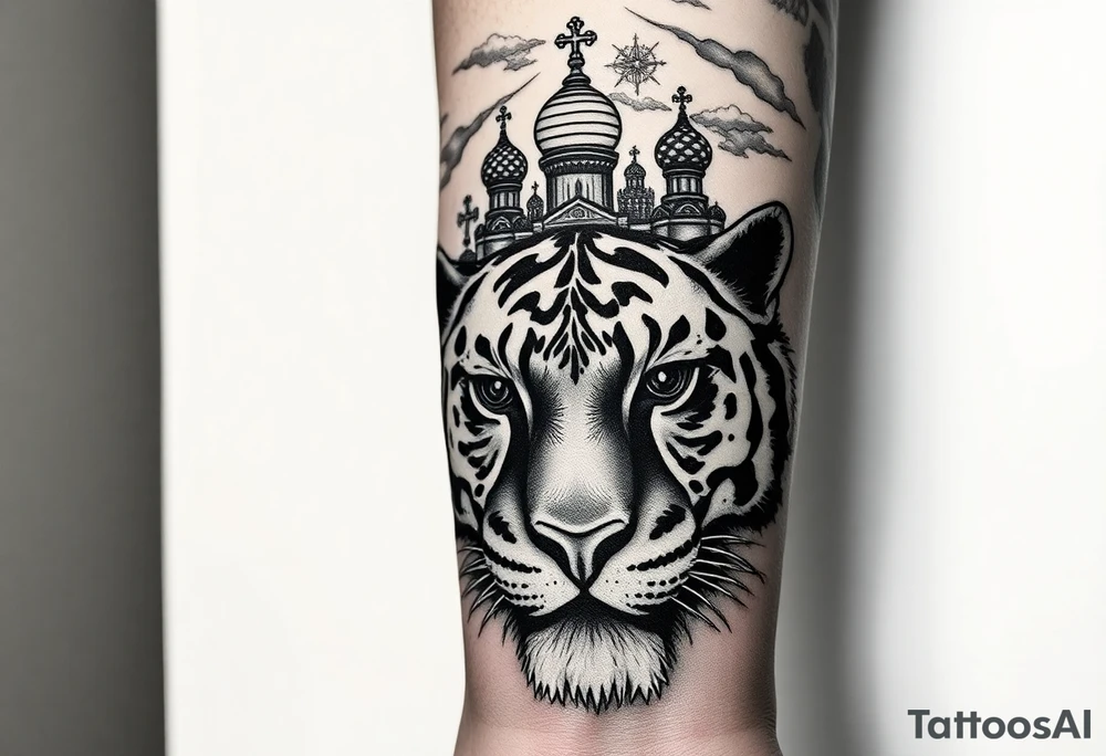 Realistic tiger face on the back of the hand with strong contrast and fine detail with all black eyes. then a highly detailed Russian Orthodox cathedral sitting above on the top fore arm with onion domes and orthodox crosses, done in fine line, engraving-like style. Cohesive composition, black ink only, no color, high contrast, slightly aged, documentary-style, plain light background. with clouds above and a virgin mary tattoo idea