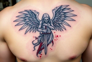 A ghostly angel figure holding a shattered sword, with faded wings in gray and deep blood red, surrounded by ghostly white mist. tattoo idea