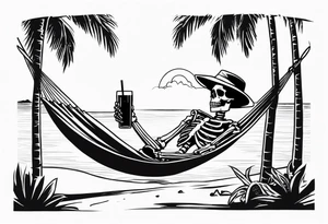 skeleton wearing a button up hawaiian shirt relaxing on the beach with a drink in a hammock tattoo idea