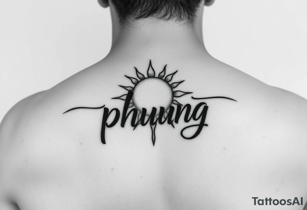 Word "phuong" written with sun inner arm tattoo idea