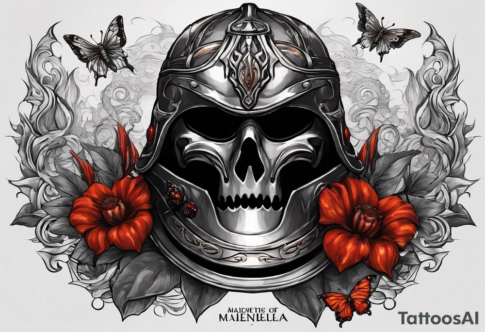 Generate an Elden Ring tattoo concept of Malenia's helmet laying on a pool of rot with rot butterflies flying over and a text that says, " I am Malenia, Blade of Miquella and I have never known Defeat" circling around the tattoo tattoo idea