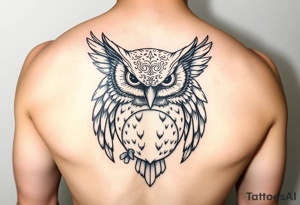 Fierce owl with half dome background in the tummy of the owl black fine line tattoo tattoo idea