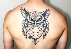 Fierce owl with half dome background in the tummy of the owl black fine line tattoo tattoo idea