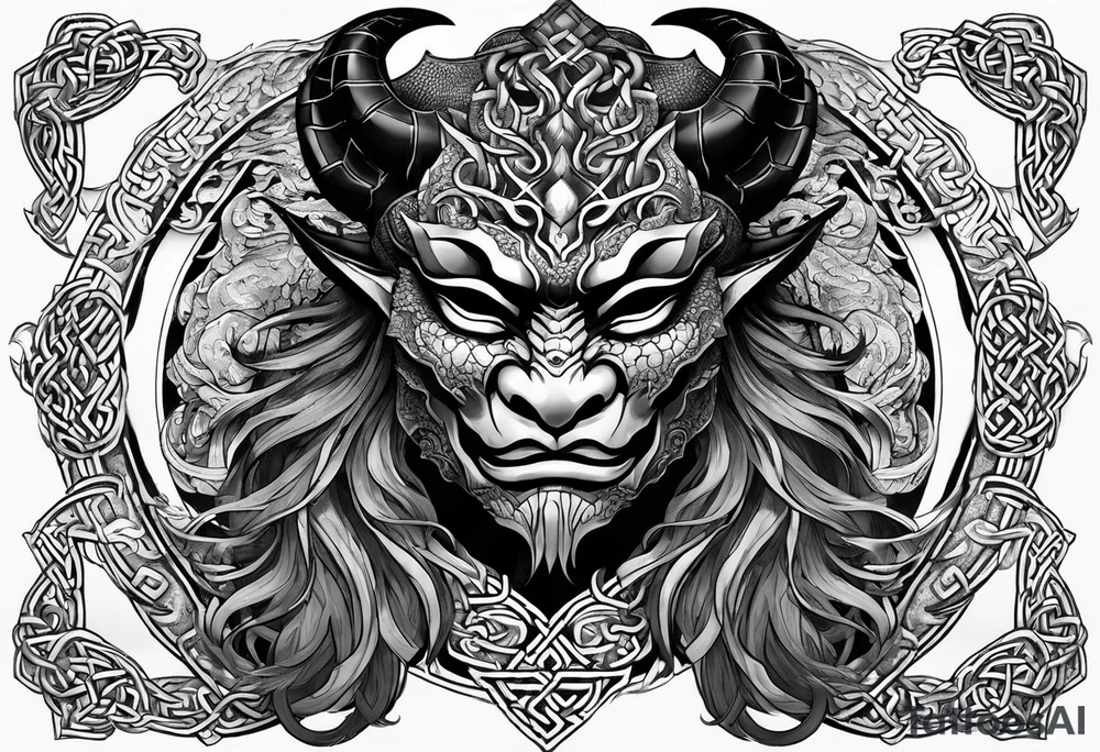 oni mask wrapped in a dragon above a full body side profile Celtic warrior tattoo idea