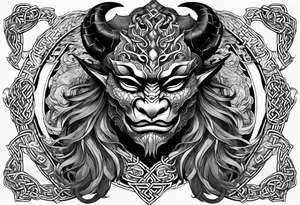 oni mask wrapped in a dragon above a full body side profile Celtic warrior tattoo idea