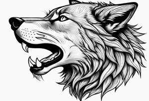 realistic style fenrir wolf in profile, include in it's forehead a diamon shape of hair (and some kind of armor) like a helmet tattoo idea