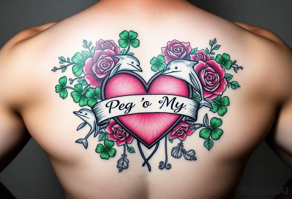 A lot of green shamrocks & red roses, dolphins with a big Pink heart and a banner across the heart that says Peg 'o My Heart tattoo idea