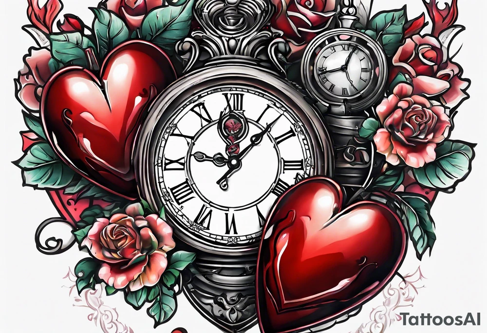 anatomical heart with clock in middle.
Clock hands on 8 and 5.
Never Say Never written on tattoo tattoo idea