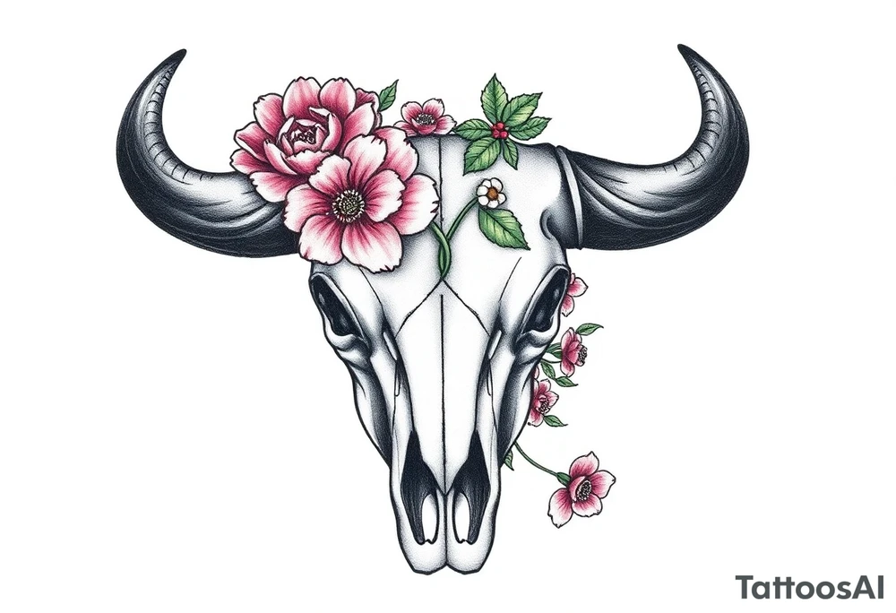 Buffalo skull with flowers. Peony, snowdrop, holly with berries, larkspur, peony. Colour. For upper arm. Masculin. 

Have one peony and snowdrop above horns. Have holly with berries, larkspur, peony below horns. tattoo idea