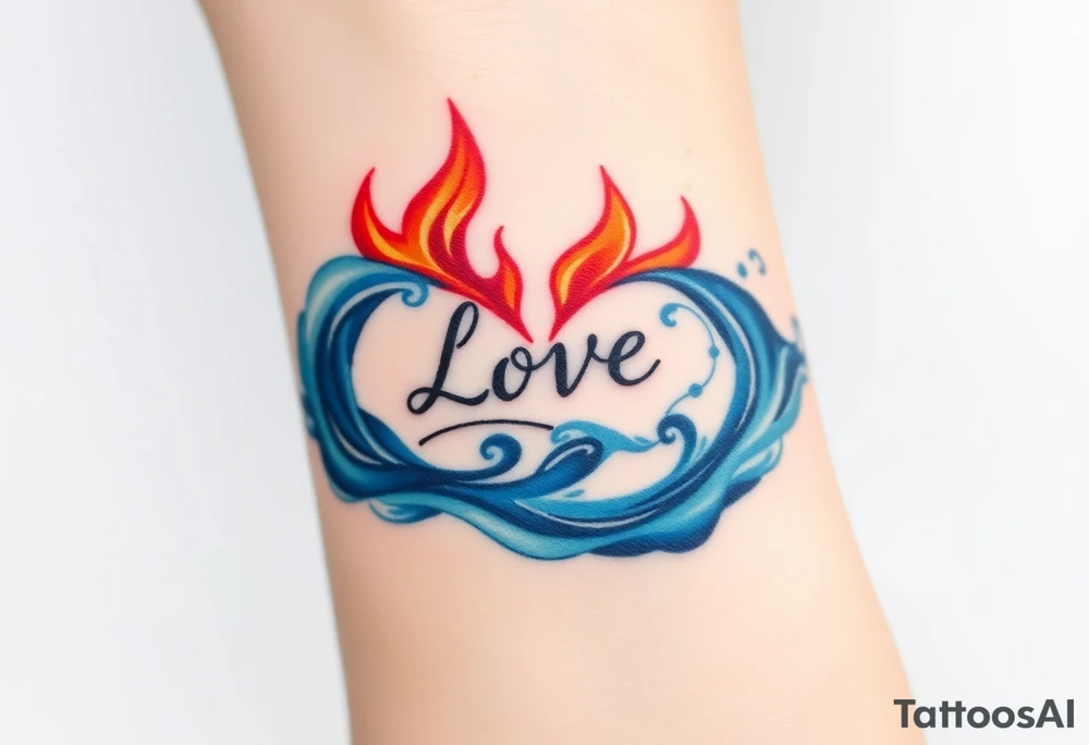 A fire and water-themed infinity symbol, with "Love" written where the two elements meet—flames in deep red and blue waves blending seamlessly tattoo idea