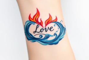 A fire and water-themed infinity symbol, with "Love" written where the two elements meet—flames in deep red and blue waves blending seamlessly tattoo idea