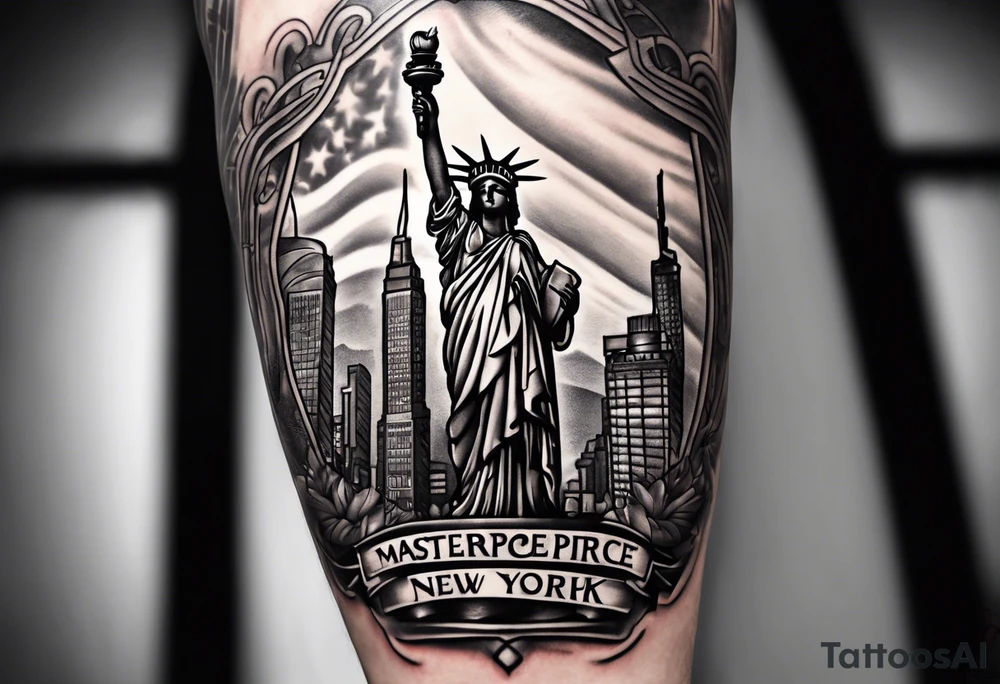 Upper right arm sleeve Statue of Liberty with street sign with shoes hanging off of it buildings in the background and the New York Yankees logo tattoo idea