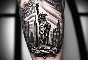 Upper right arm sleeve Statue of Liberty with street sign with shoes hanging off of it buildings in the background and the New York Yankees logo tattoo idea