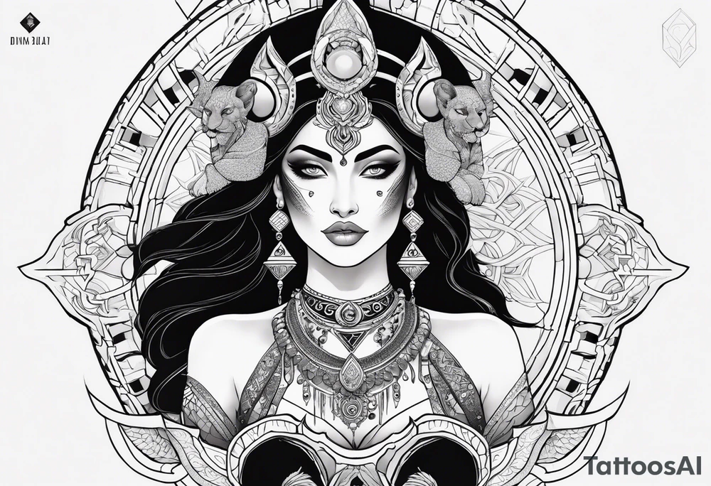 kali ma, alien goddess, valkrye, aries, pirate, divine feminine, zenza resonance, pachamama, lotus azul, blank panther, eagle, skull, 5D, nueva gaya, dna 12, left side chest tatoo tattoo idea