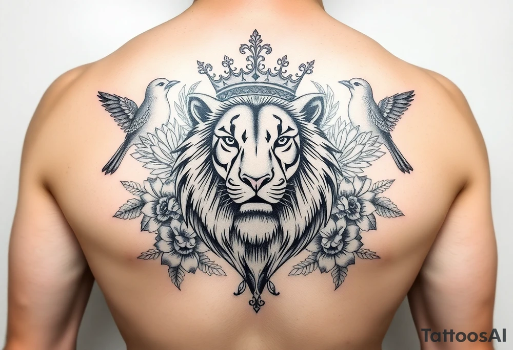 powerful majestic lion with a crown, surrounded by floral ornaments and birds tattoo idea