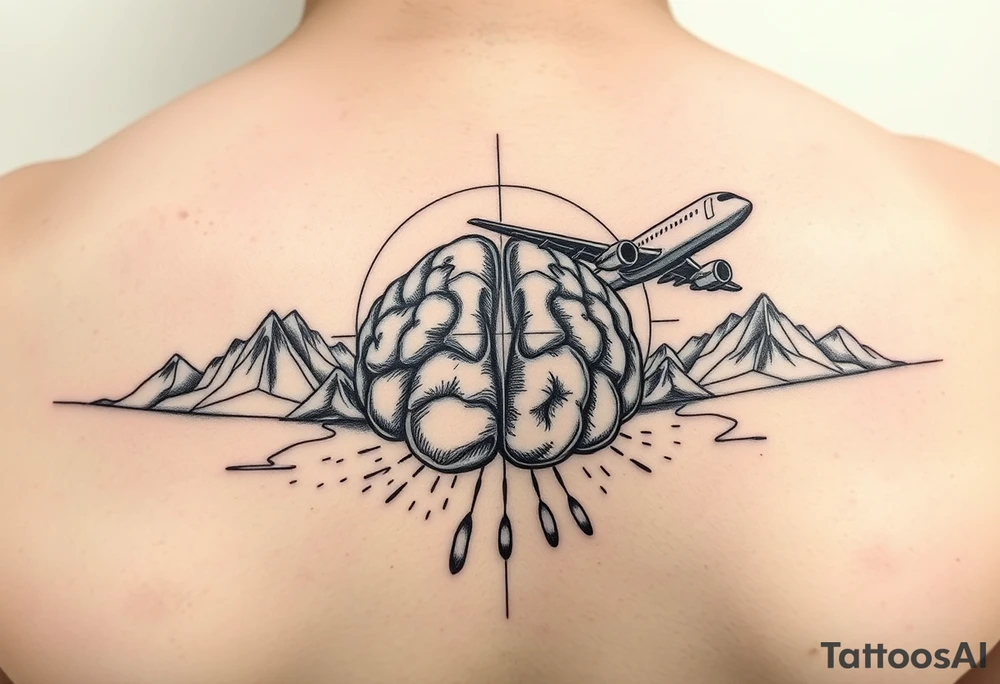 powerful majestic travel with a plane and an amazing atmosphere with foot prints in a line a brain and geometric structure tattoo idea