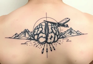 powerful majestic travel with a plane and an amazing atmosphere with foot prints in a line a brain and geometric structure tattoo idea