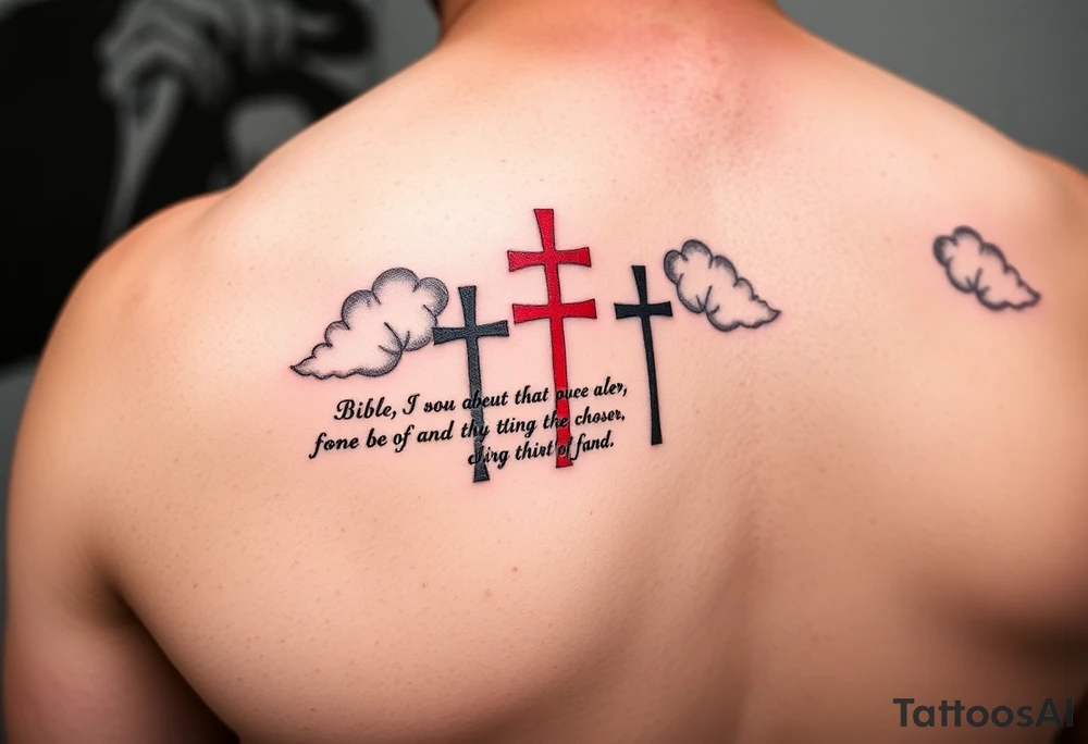Red and black ink  tattoo on left inner arm with bible verse the background faint clouds and 3 crosses one red in the middle under a chosen wrist tattoo before the hand/palm tattoo idea