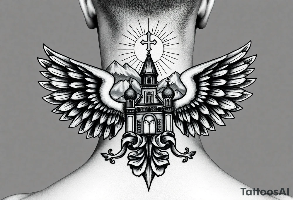 russian coat of arms with both heads visible & wings spanning out on my back neck across on to my shoulders with an orthodox christian church being visible in a mountainous sun beaming setting, with the russian orthodox cross spire of the orthodox church being visible on my neck with a sun beaming in the background that the cross sits inside tattoo idea