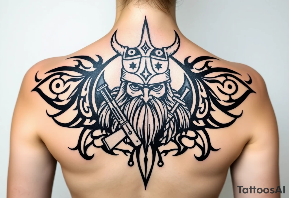 A Viking in the battlefield surrounded by Viking symbols and patterns. Hidden in the patterns is an Australian army rifle and slouch hat. tattoo idea