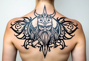 A Viking in the battlefield surrounded by Viking symbols and patterns. Hidden in the patterns is an Australian army rifle and slouch hat. tattoo idea