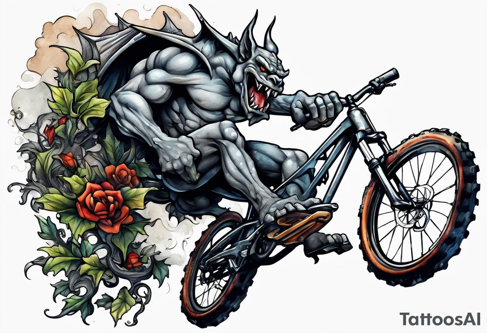 gargoyle riding a full suspension mountain bike with a shadow no background tattoo idea