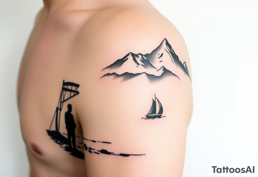 I want a minimalist design that will go on my right bicep, of a man's silhouette of a man on a shoreline, with a tree to his left, looking out at mountains in the distance, and a sailboat in the foreground.  but I want this around the arm, elbow and bicep area.  more of a wrap around on the arm please.   bottom left is okay, but less focus on the man's silhouette tattoo idea