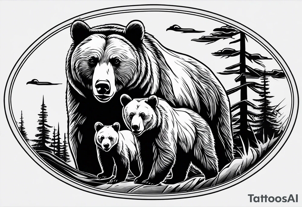 mother bear and cub simple inside oval tattoo idea