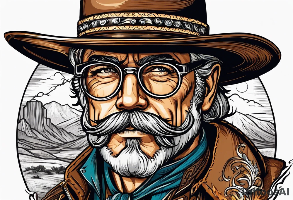 Old west Cowboy with handlebar mustache and wire rim glasses tattoo idea