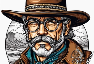 Old west Cowboy with handlebar mustache and wire rim glasses tattoo idea