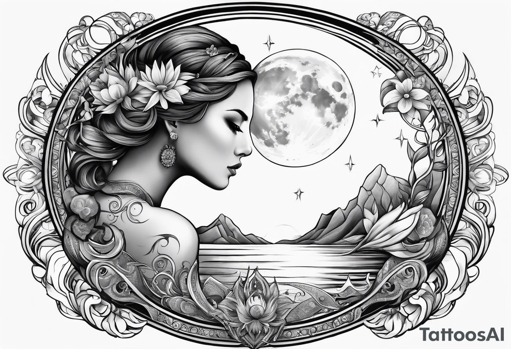 Pisces, feminine, book loving, moon & sun, tattoo idea