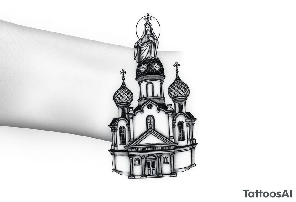in a dorsal view a detailed orthodox church with onion domes and a band at the front with mist shrouding the top and fading into a virgin mary overlooking above at the top tattoo idea