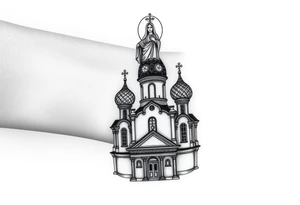 in a dorsal view a detailed orthodox church with onion domes and a band at the front with mist shrouding the top and fading into a virgin mary overlooking above at the top tattoo idea